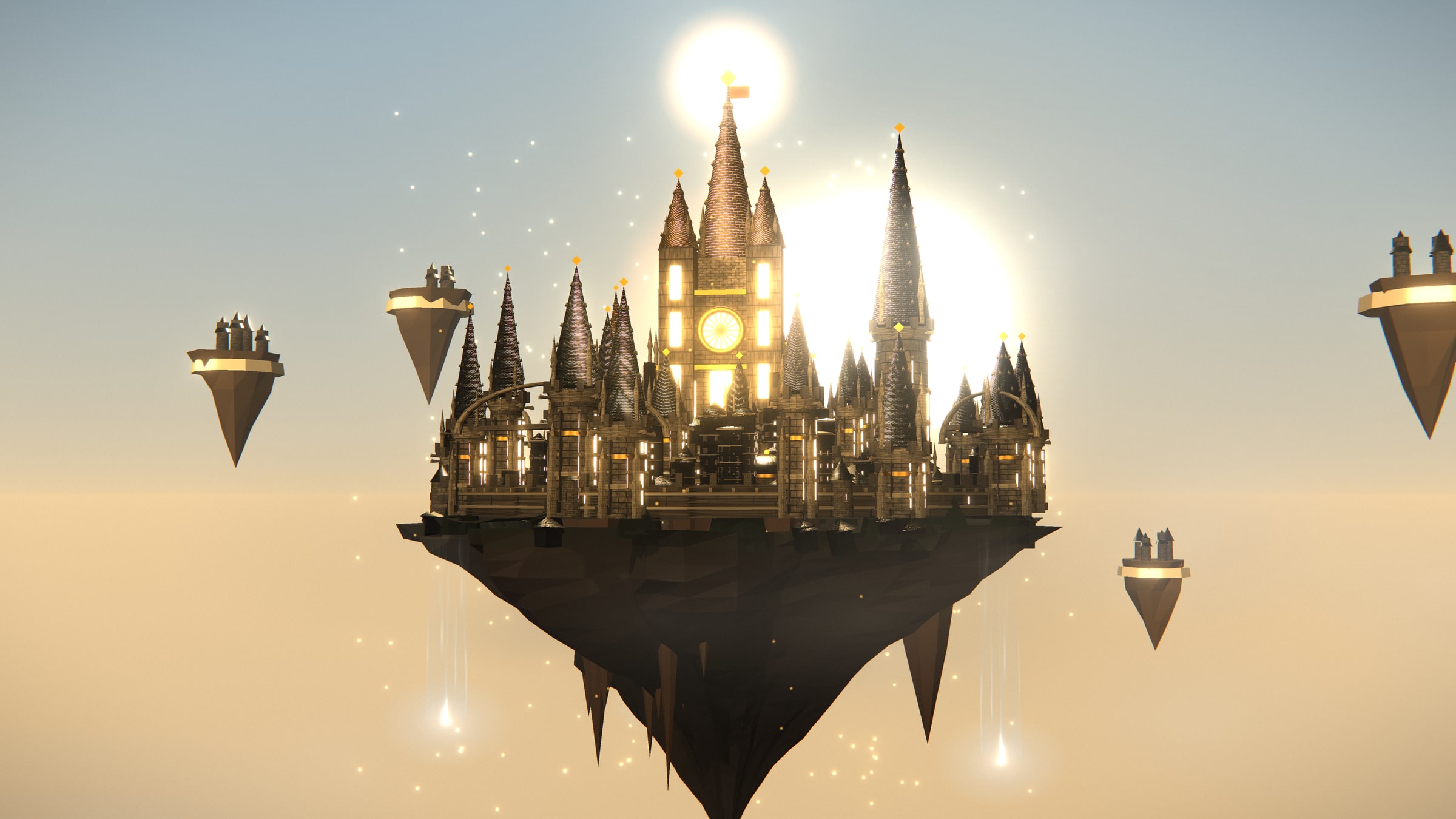 HAVEN — a gothic cathedral-fortress adrift on a floating island in golden dusk